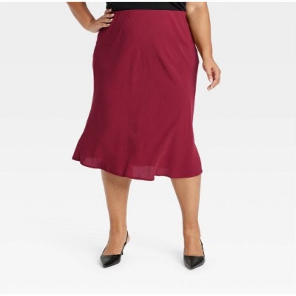 Ava & Viv NWT Midi Flowy Lightweight Elastic Waist A-Line Skirt Burgundy Size 2X